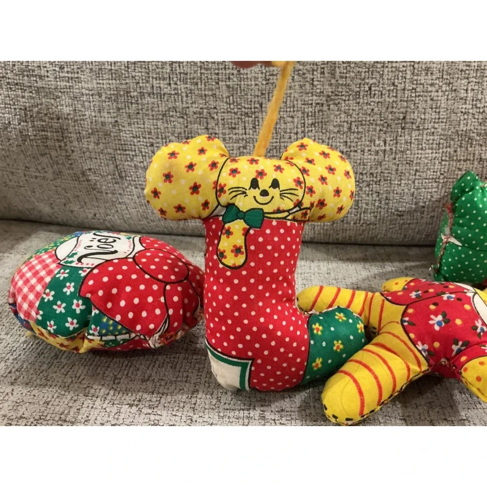 Vintage Christmas Fabric Plush Ornaments Lot 5 Santa Nutcracker Gingerbread Noel